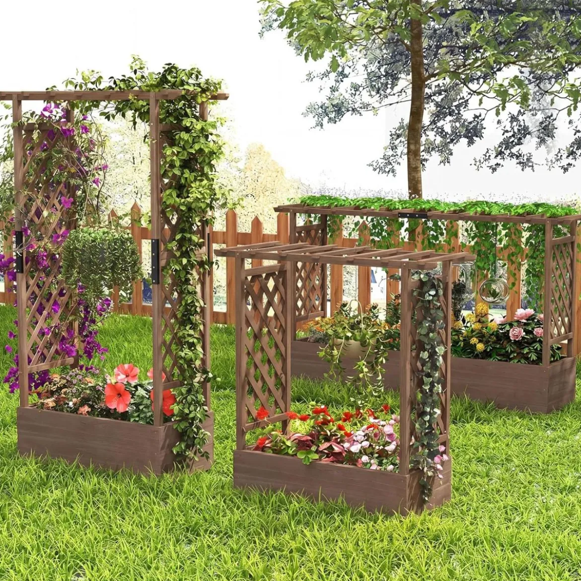 Blumenkasten mit Rankgitter & Hängendem Dach Pflanzkasten mit Rankhilfe 200x44x114cm Braun