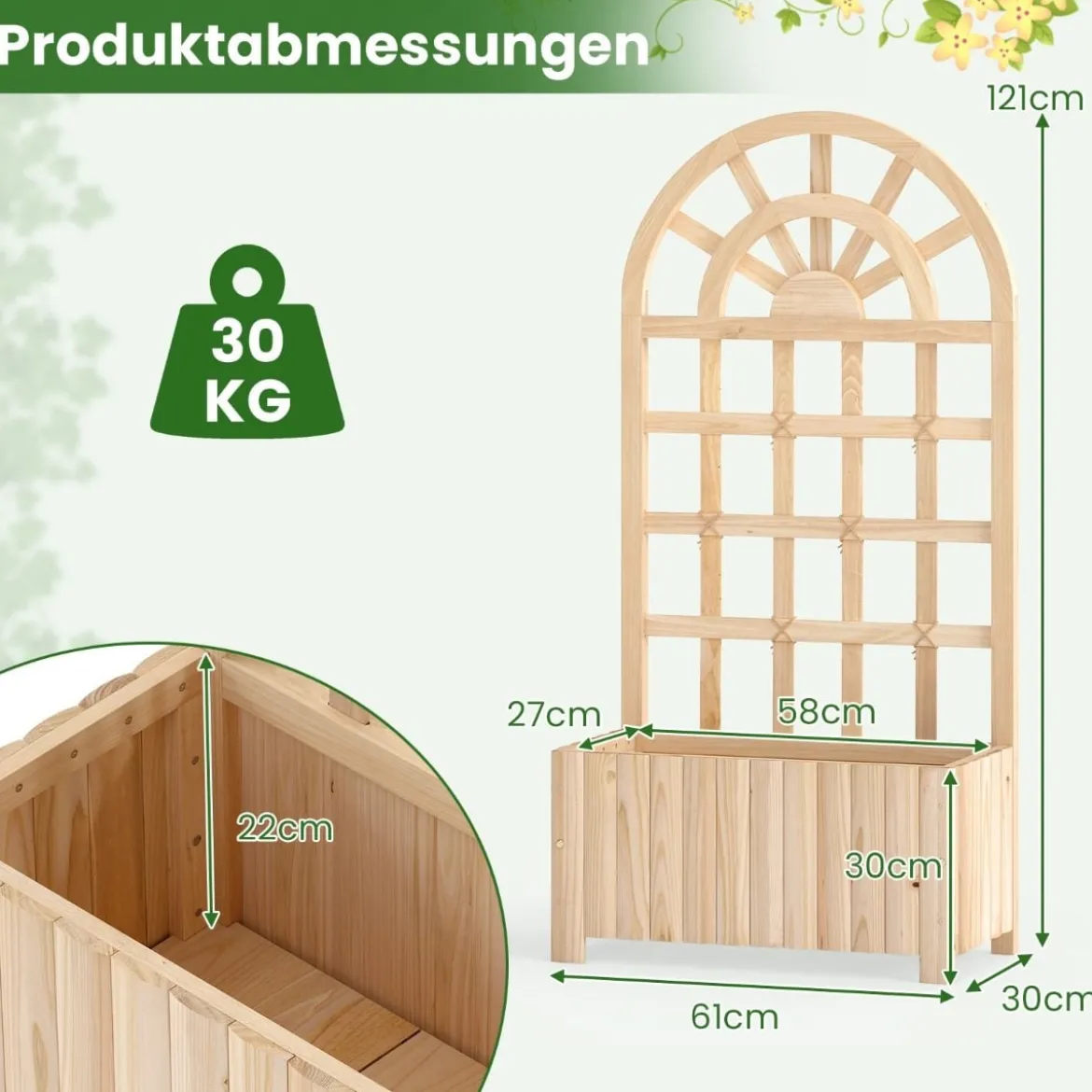 Blumenkasten mit Rankgitter & Spalier & Entwässerung Pflanzkasten für Kletterpflanzen Natur