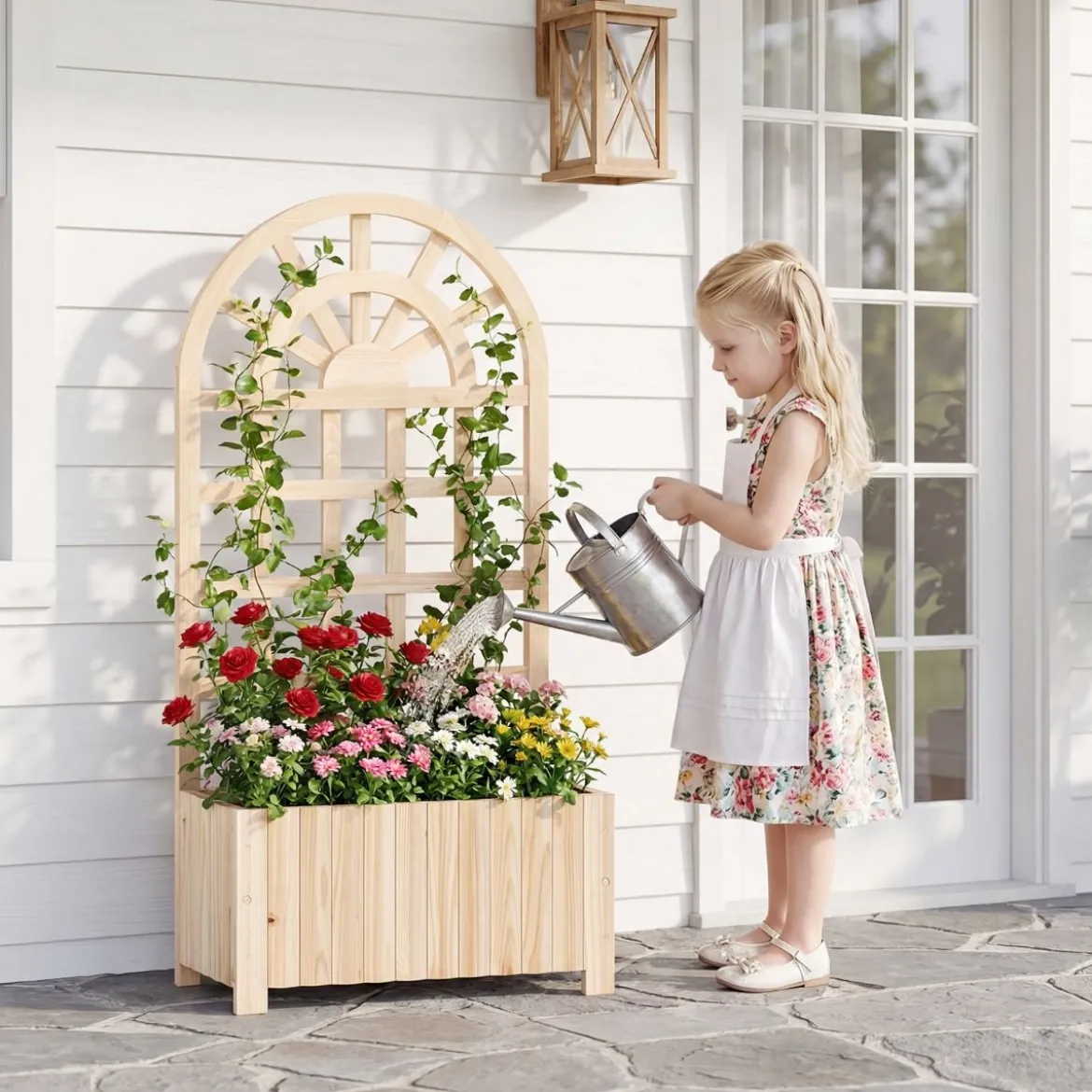 Blumenkasten mit Rankgitter & Spalier & Entwässerung Pflanzkasten für Kletterpflanzen Natur