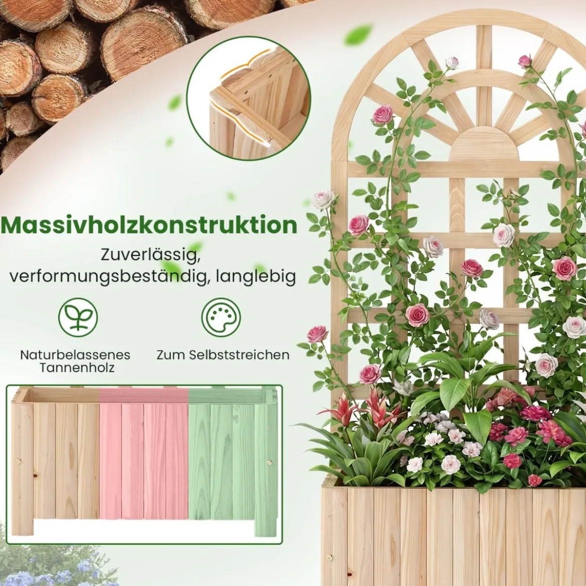 Blumenkasten mit Rankgitter & Spalier & Entwässerung Pflanzkasten für Kletterpflanzen Natur