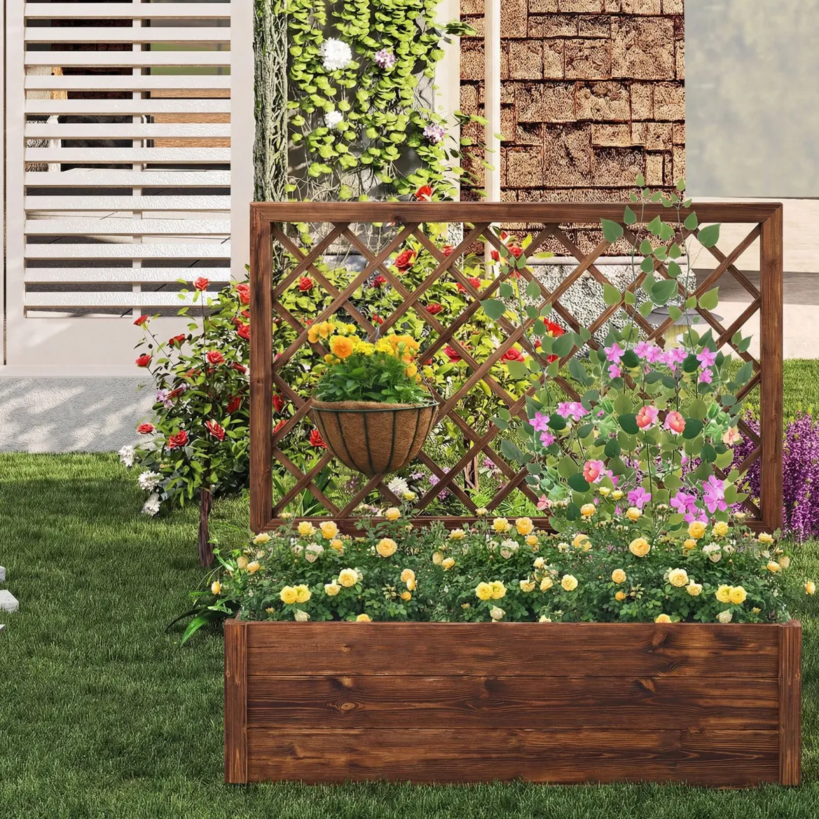 Blumenkasten mit Rankgitter Hochbeet mit Spalier & Drainagelöchern Orange 98 x 35 x 101 cm