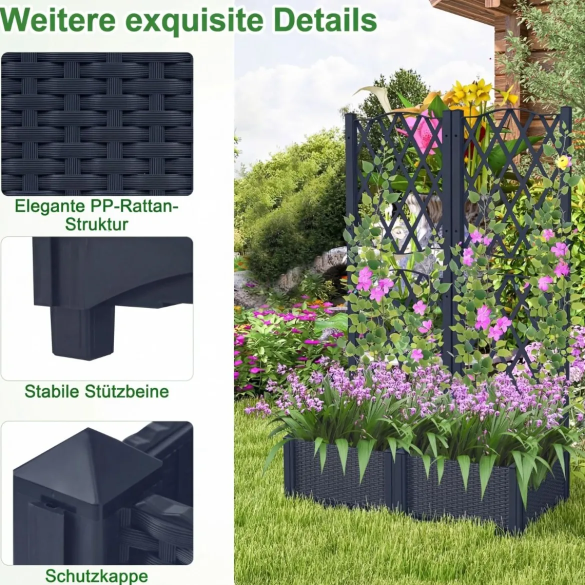 Blumenkasten mit Rankgitter Pflanzkasten für Kletterpflanzen Hochbeet mit Spalier 80 x 40 x 122 cm Grau