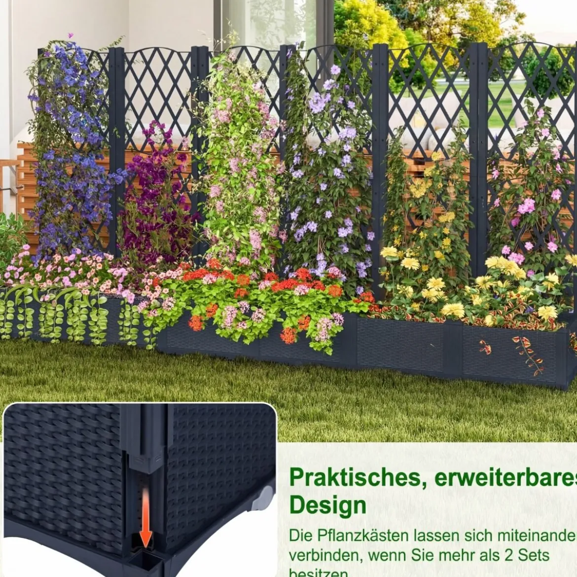 Blumenkasten mit Rankgitter Pflanzkasten für Kletterpflanzen Hochbeet mit Spalier 80 x 40 x 122 cm Grau