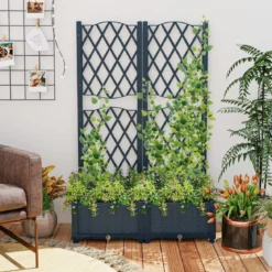 Blumenkasten mit Rankgitter Pflanzkasten für Kletterpflanzen Hochbeet mit Spalier 80 x 40 x 122 cm Grau