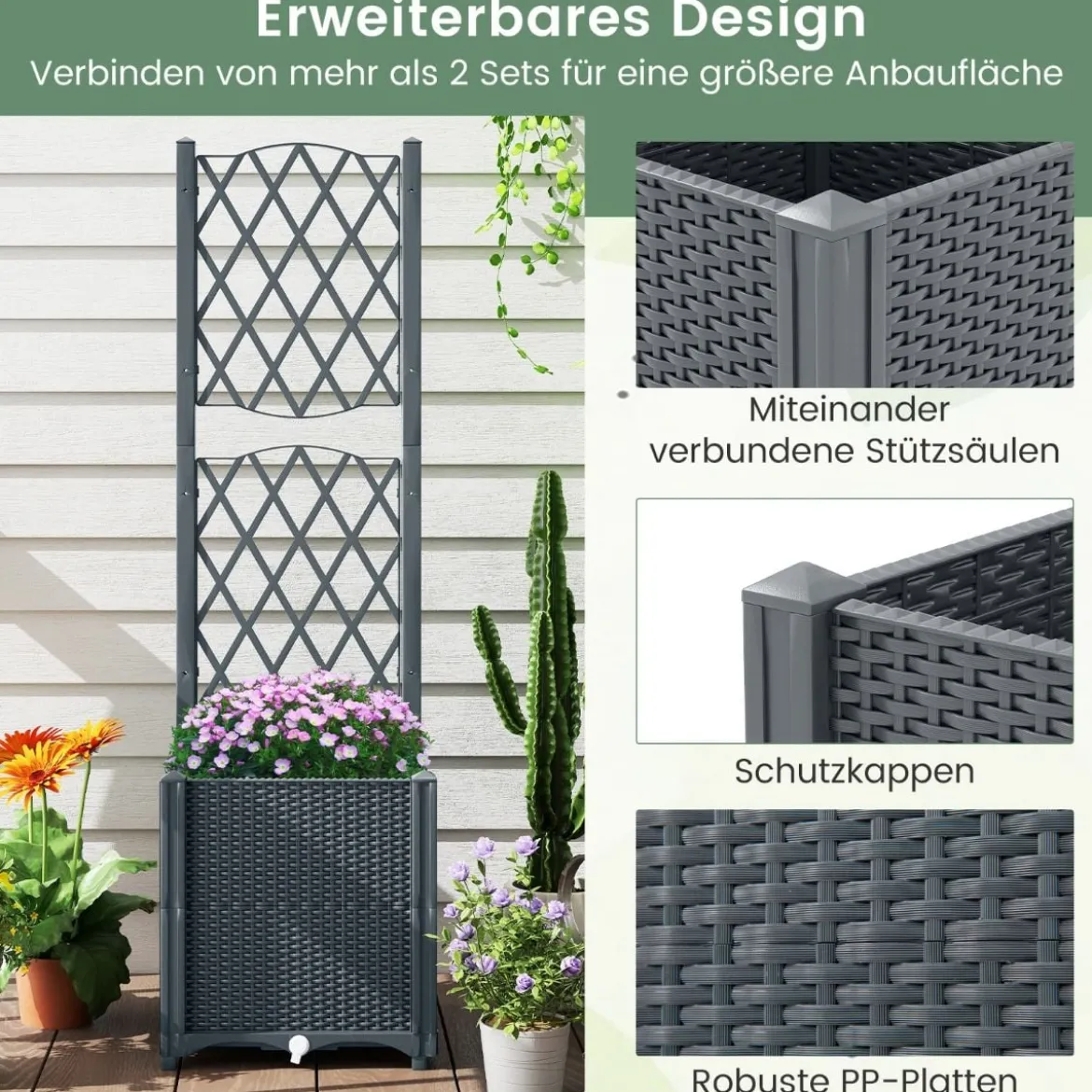Blumenkasten mit Rankgitter Pflanzkasten für Kletterpflanzen 40 x 40 x140 cm Grau/Kaffee