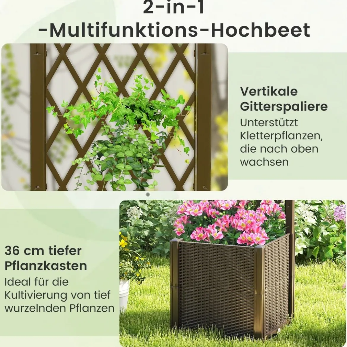 Blumenkasten mit Rankgitter Pflanzkasten für Kletterpflanzen 40 x 40 x140 cm Grau/Kaffee