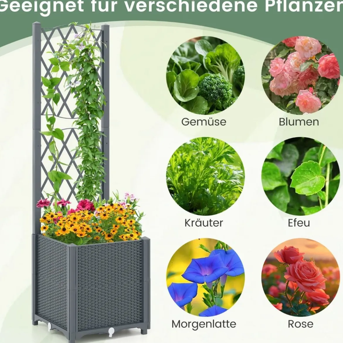 Blumenkasten mit Rankgitter Pflanzkasten für Kletterpflanzen 40 x 40 x140 cm Grau/Kaffee