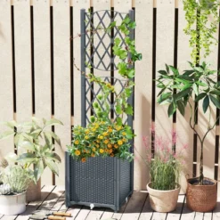 Blumenkasten mit Rankgitter Pflanzkasten für Kletterpflanzen 40 x 40 x140 cm Grau/Kaffee