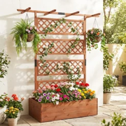 Blumenkasten mit Rankgitter & Dach Pflanzkübel mit Sichtschutz Tannenholz Pflanzkasten Hochbeet