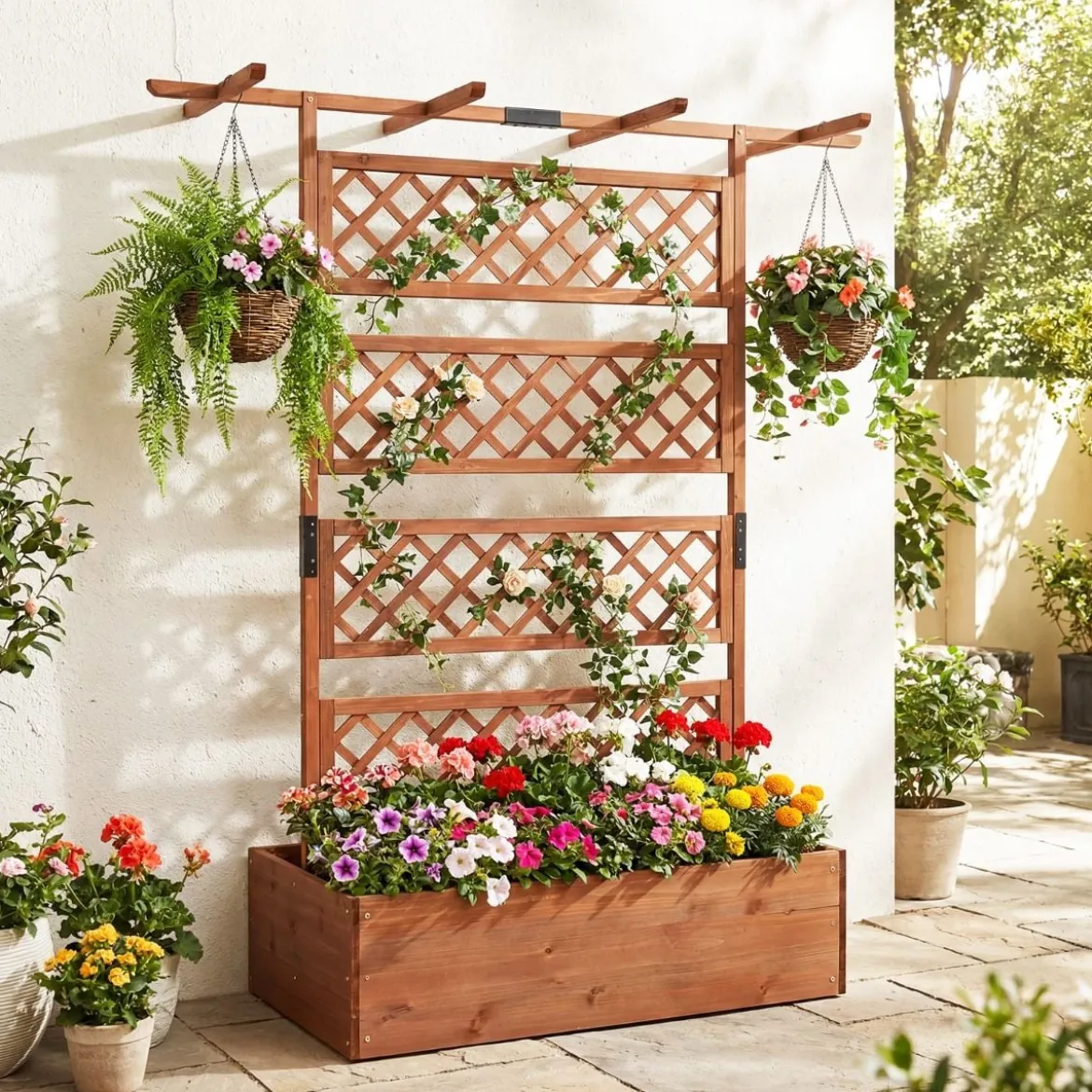 Blumenkasten mit Rankgitter & Dach Pflanzkübel mit Sichtschutz Tannenholz Pflanzkasten Hochbeet