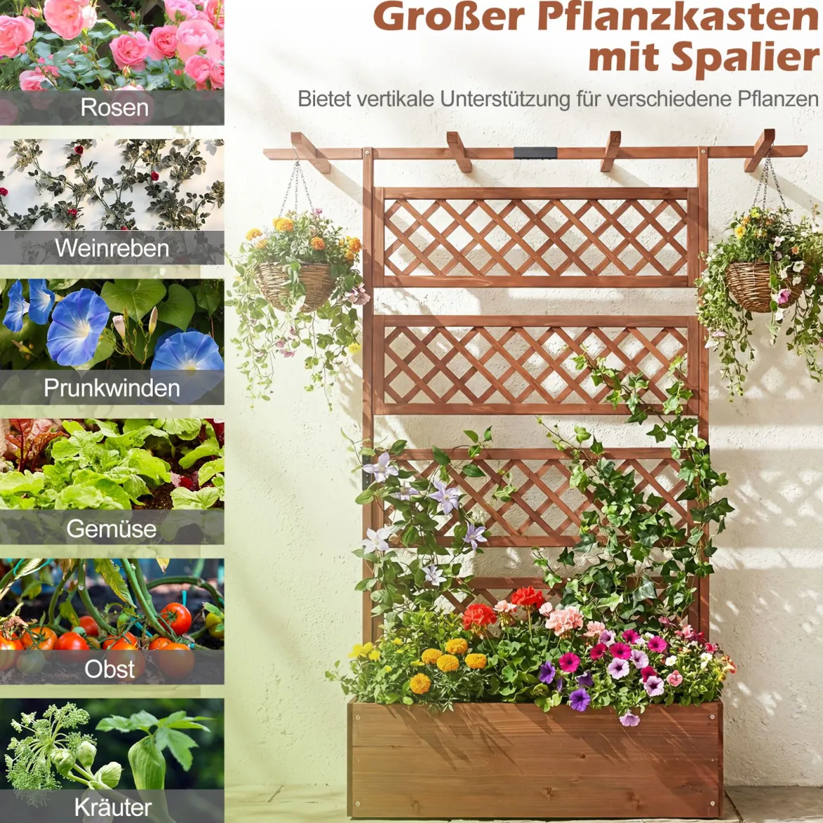 Blumenkasten mit Rankgitter & Dach Pflanzkübel mit Sichtschutz Tannenholz Pflanzkasten Hochbeet
