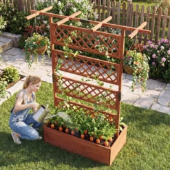 Blumenkasten mit Rankgitter & Dach Pflanzkübel mit Sichtschutz Tannenholz Pflanzkasten Hochbeet