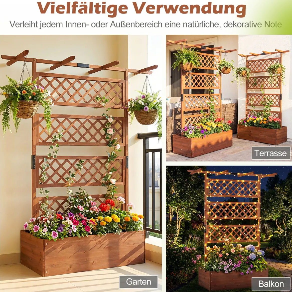 Blumenkasten mit Rankgitter & Dach Pflanzkübel mit Sichtschutz Tannenholz Pflanzkasten Hochbeet
