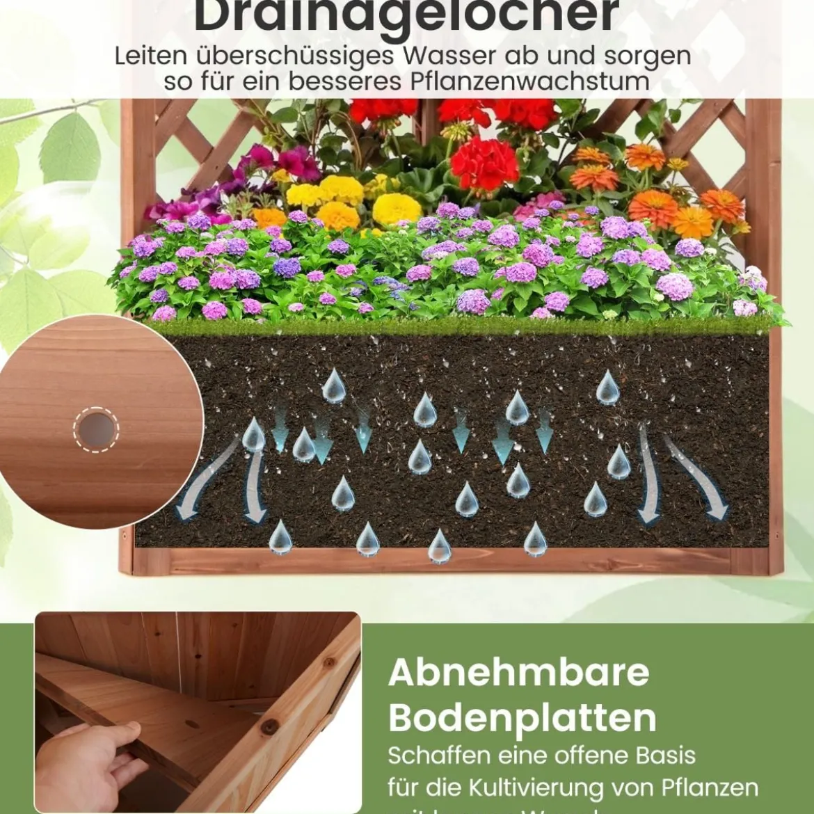 Blumenkasten mit rankgitter Eck-Pflanzkasten mit Abflusslöchern erhöhter Holzkasten für Kletterpflanzen Braun