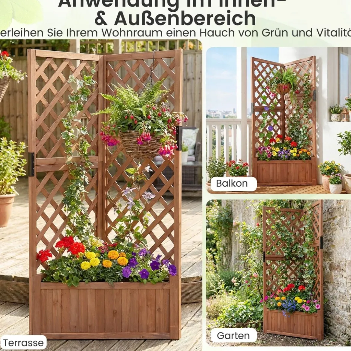 Blumenkasten mit rankgitter Eck-Pflanzkasten mit Abflusslöchern erhöhter Holzkasten für Kletterpflanzen Braun