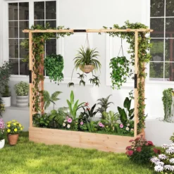 Blumenkasten mit Rankgitter & Hängendem Dach Pflanzkasten Hochbeet Pflanzkübel Natur