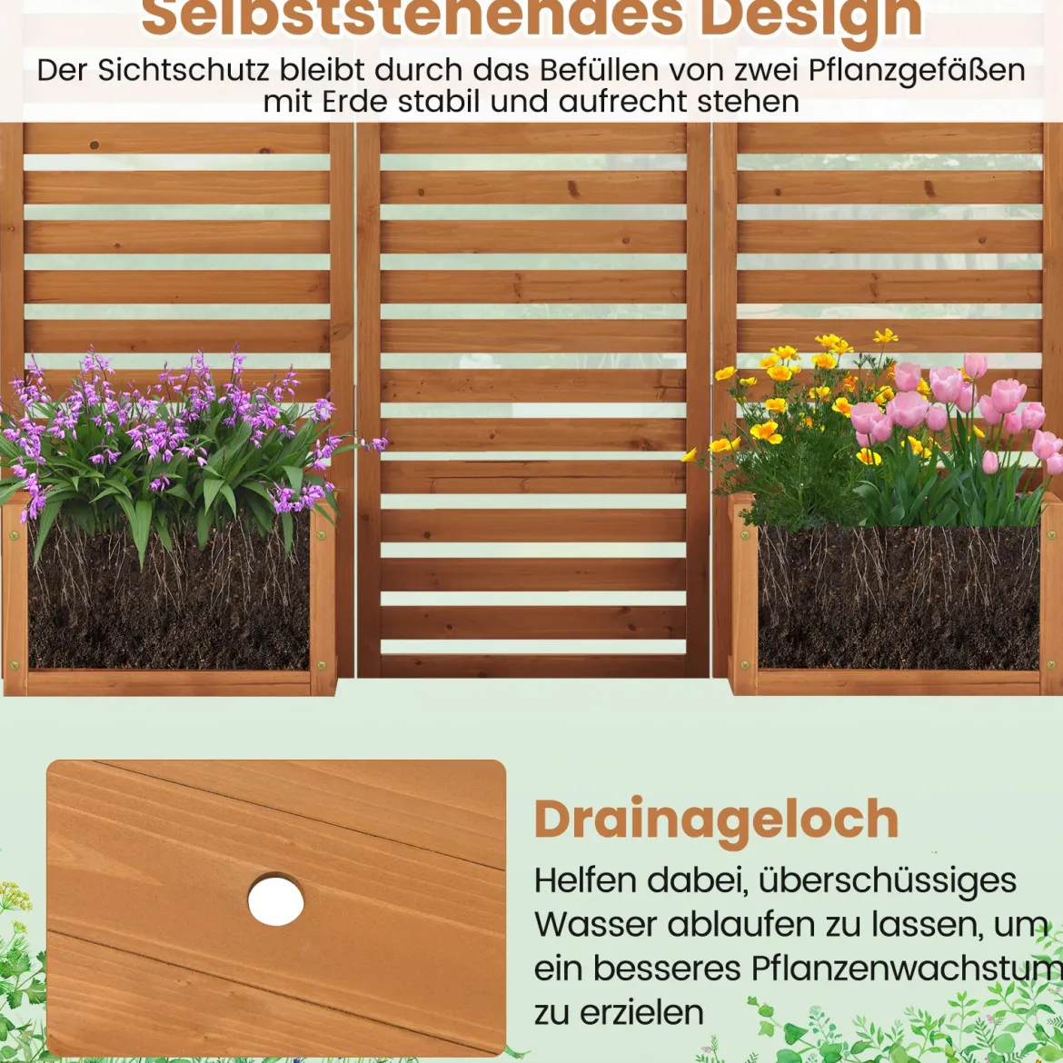 Blumenkasten mit Sichtschutz & Klappbarem Spalier Hochbeet 2 Pflanzkästen mit Ablauflöchern