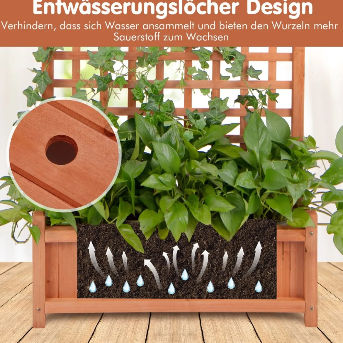 Blumenkasten mit Spalier & Dach & Rankgitter & Drainagelöchern Pflanzkasten 75 x 33 x 181 cm
