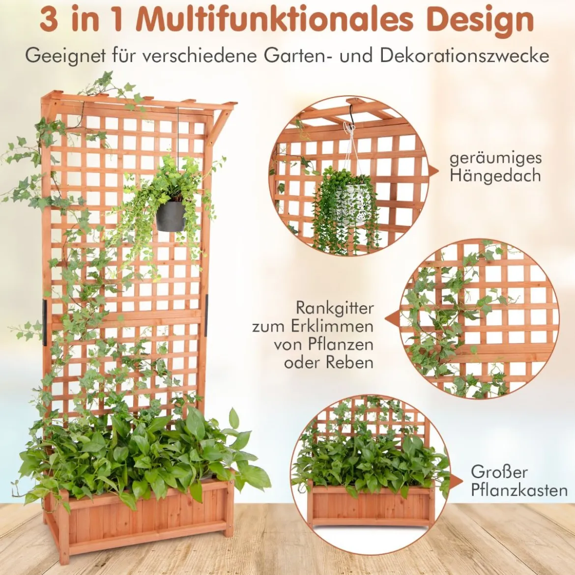 Blumenkasten mit Spalier & Dach & Rankgitter & Drainagelöchern Pflanzkasten 75 x 33 x 181 cm