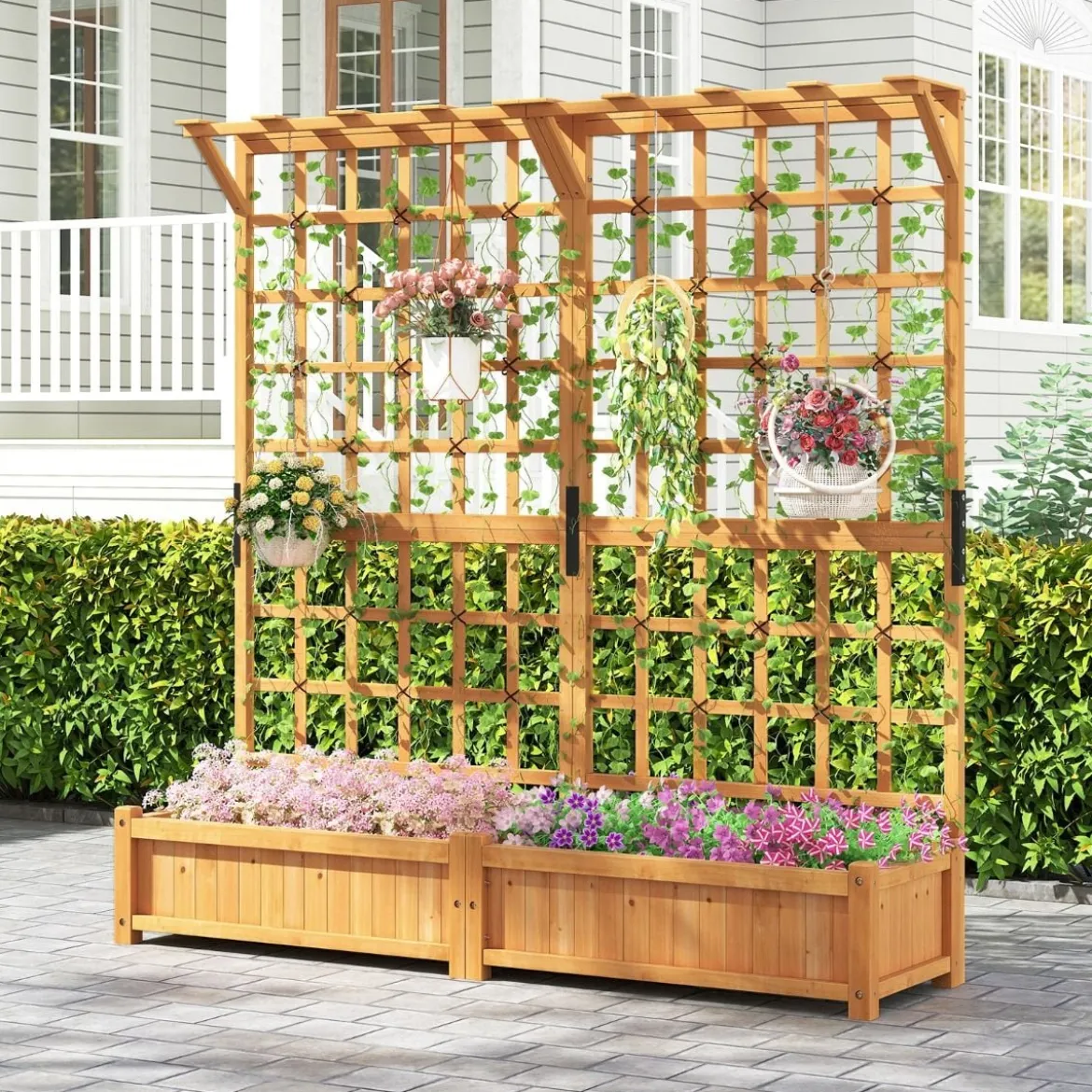 Blumenkasten mit Spalier & Dach Tannenholz Pflanzkasten mit Rankgitter Gartenspalier Orange