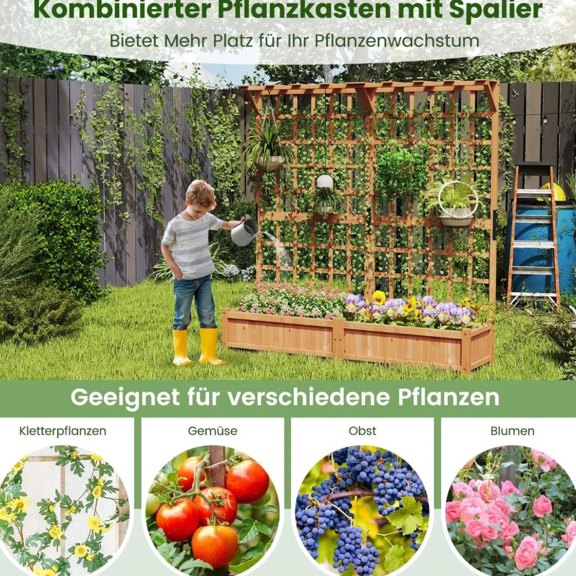 Blumenkasten mit Spalier & Dach Tannenholz Pflanzkasten mit Rankgitter Gartenspalier Orange
