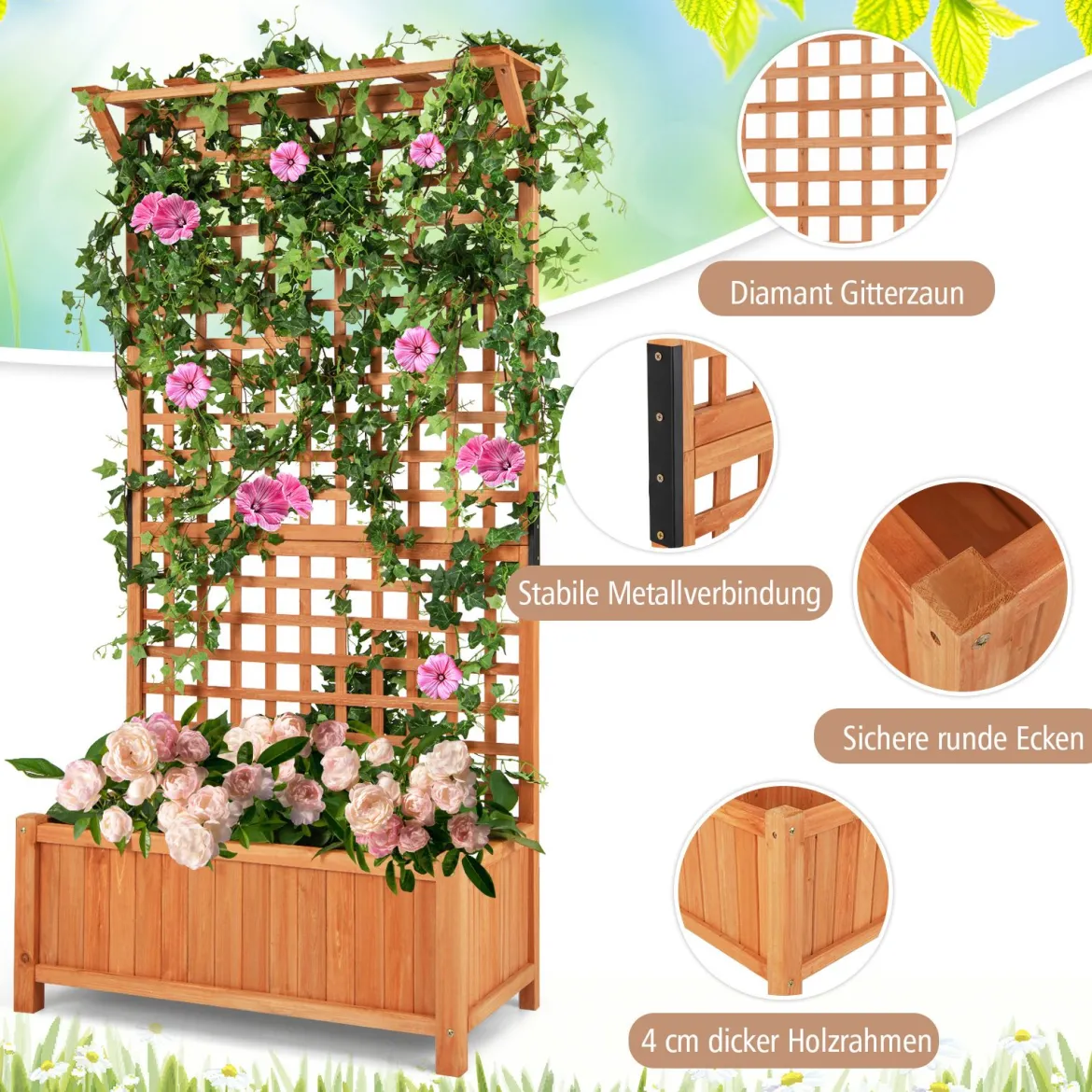 Blumenkasten mit Spalier & Dach & Rankgitter & Drainagelöchern Pflanzkasten Gartenspalier