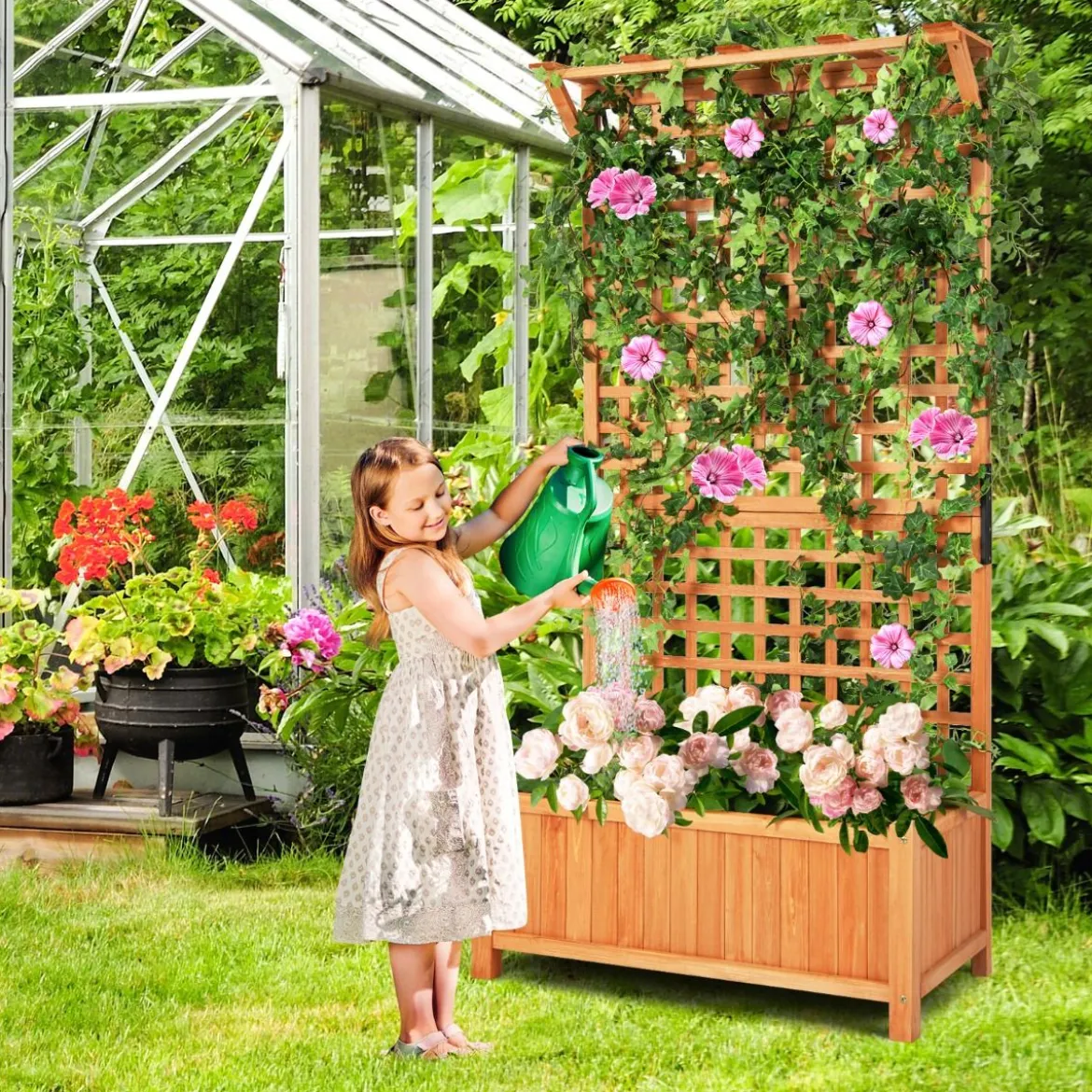 Blumenkasten mit Spalier & Dach & Rankgitter & Drainagelöchern Pflanzkasten Gartenspalier