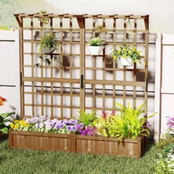 Blumenkasten mit Spalier & Dach Tannenholz Pflanzkasten mit Rankgitter Gartenspalier Braun
