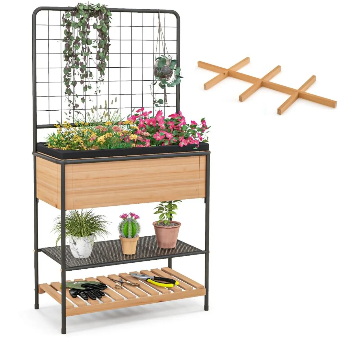 Blumenkasten mit Spalier & 2 Stufigen Regalen & Abnehmbarer Trennwand 80 x 38 x 150 cm