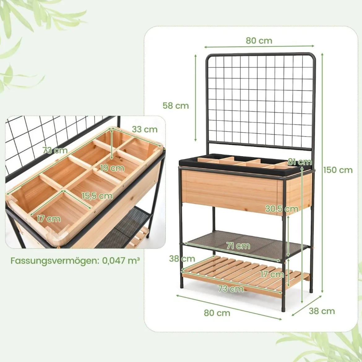 Blumenkasten mit Spalier & 2 Stufigen Regalen & Abnehmbarer Trennwand 80 x 38 x 150 cm