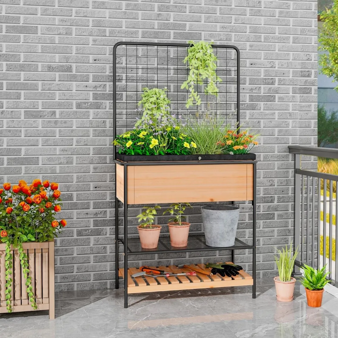 Blumenkasten mit Spalier & 2 Stufigen Regalen & Abnehmbarer Trennwand 80 x 38 x 150 cm