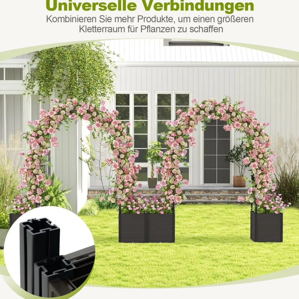 Blumenkasten Rosenbogen Spalier 2 Pflanzkästen auf Rollen Gartenpergola Gartenbogen Metall 200 x 42 x 200 cm Schwarz
