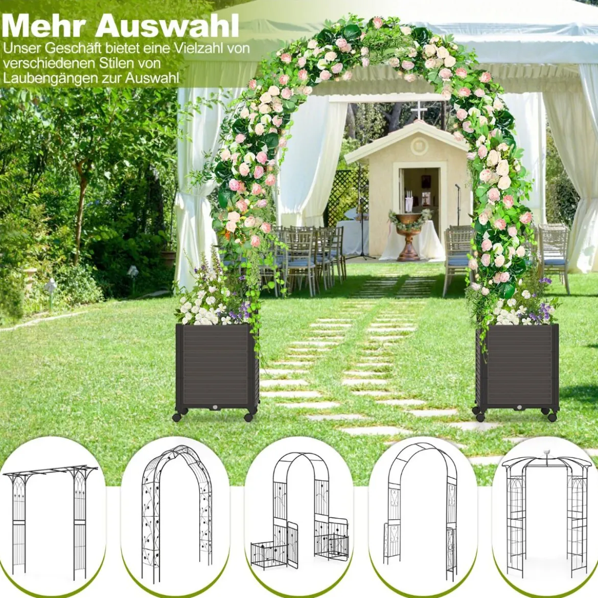 Blumenkasten Rosenbogen Spalier 2 Pflanzkästen auf Rollen Gartenpergola Gartenbogen Metall 200 x 42 x 200 cm Schwarz