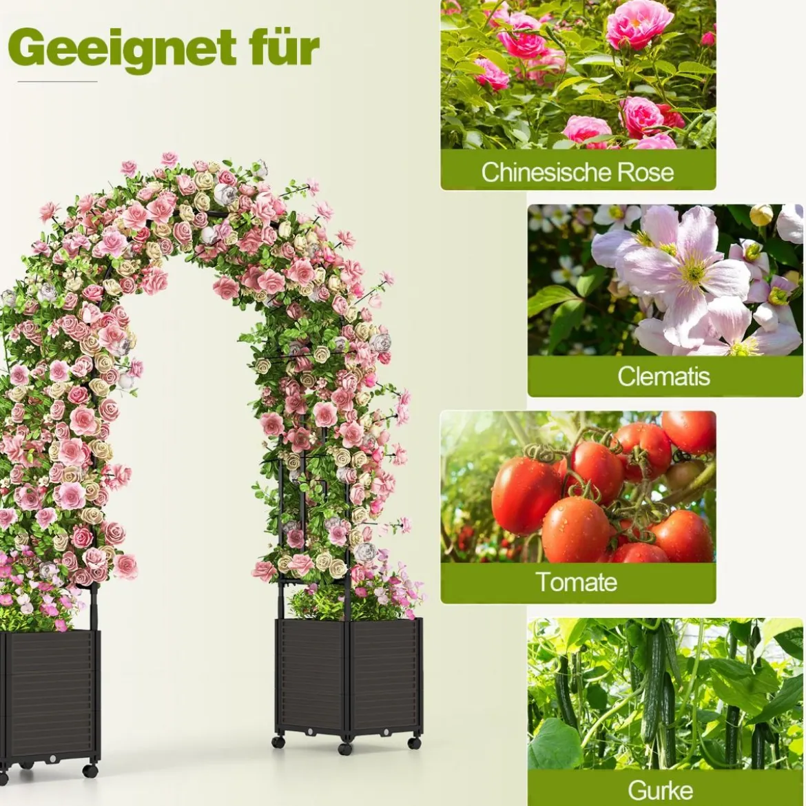 Blumenkasten Rosenbogen Spalier 2 Pflanzkästen auf Rollen Gartenpergola Gartenbogen Metall 200 x 42 x 200 cm Schwarz