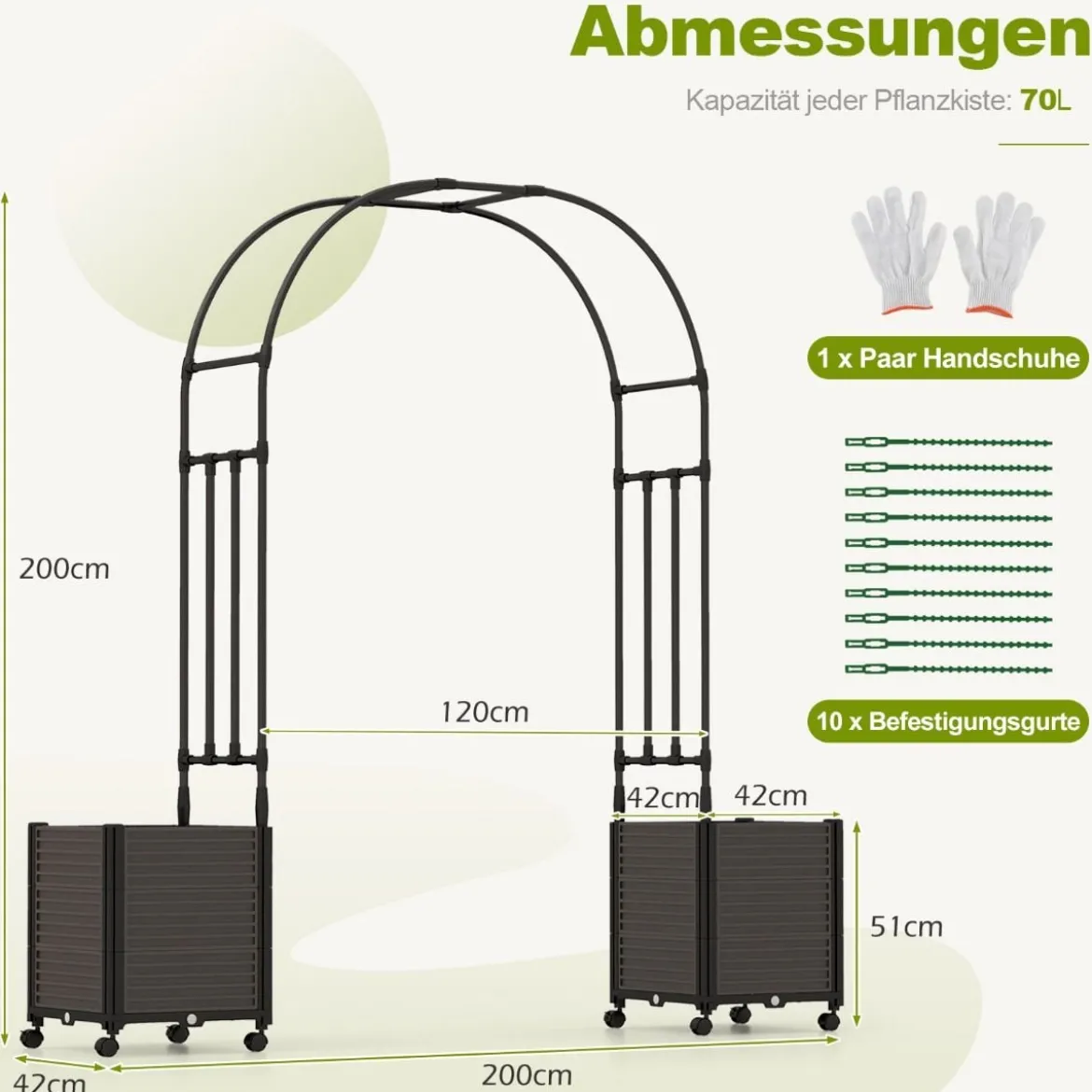 Blumenkasten Rosenbogen Spalier 2 Pflanzkästen auf Rollen Gartenpergola Gartenbogen Metall 200 x 42 x 200 cm Schwarz
