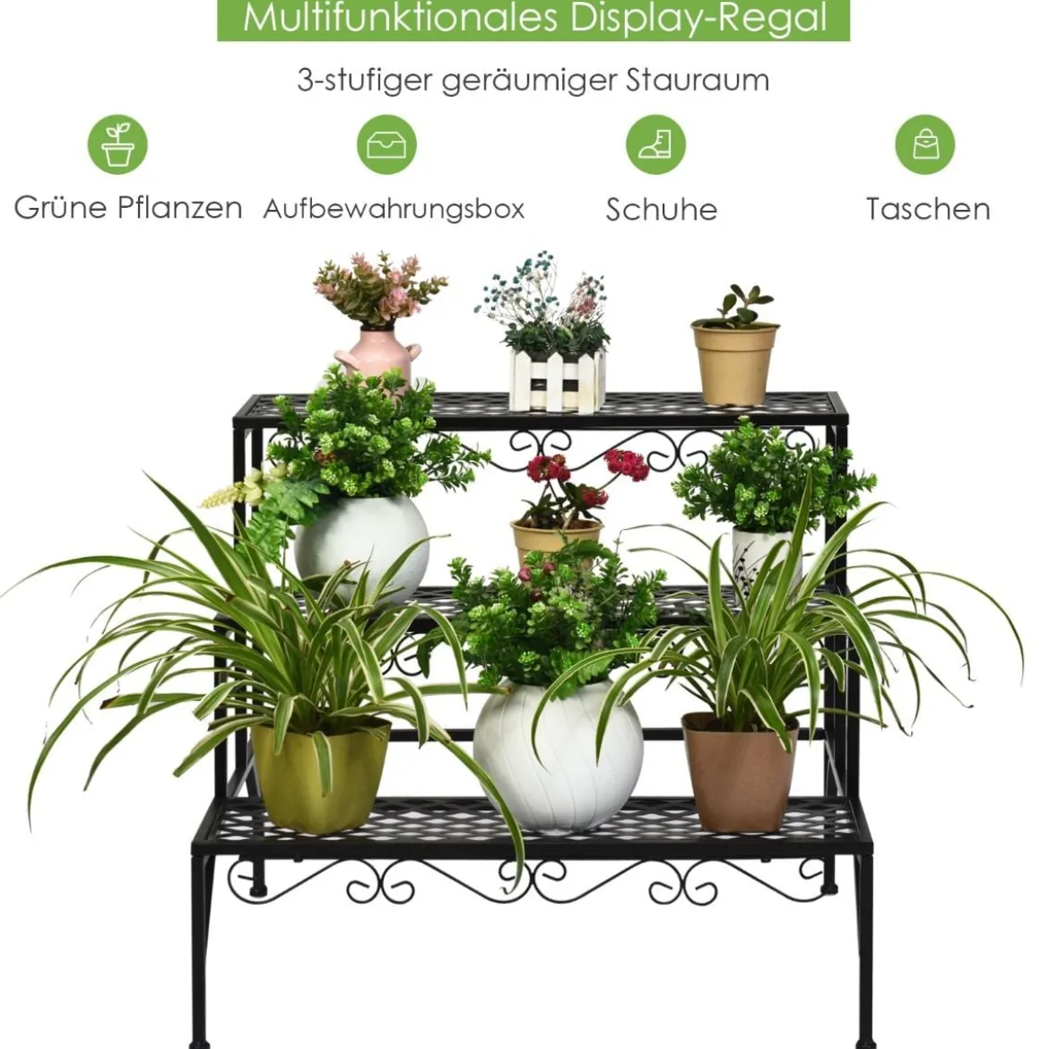 Blumenregal 3-Stufiger Metall-Pflanzenständer 70 x 60 x 60 cm Schwarz