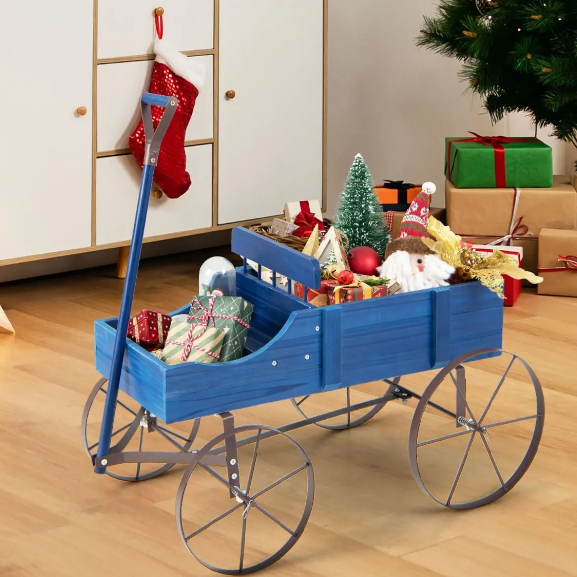 Blumenständer Holzwagen Pflanzwagen Blumenwagen mit Rädern aus Metall 62 x 34 x 60 cm Grau/Rot/Braun/Grün/Blau