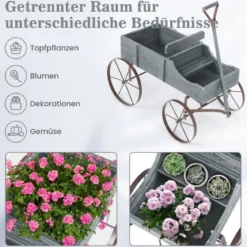 Blumenständer Holzwagen Pflanzwagen Blumenwagen mit Rädern aus Metall 62 x 34 x 60 cm Grau/Rot/Braun/Grün/Blau