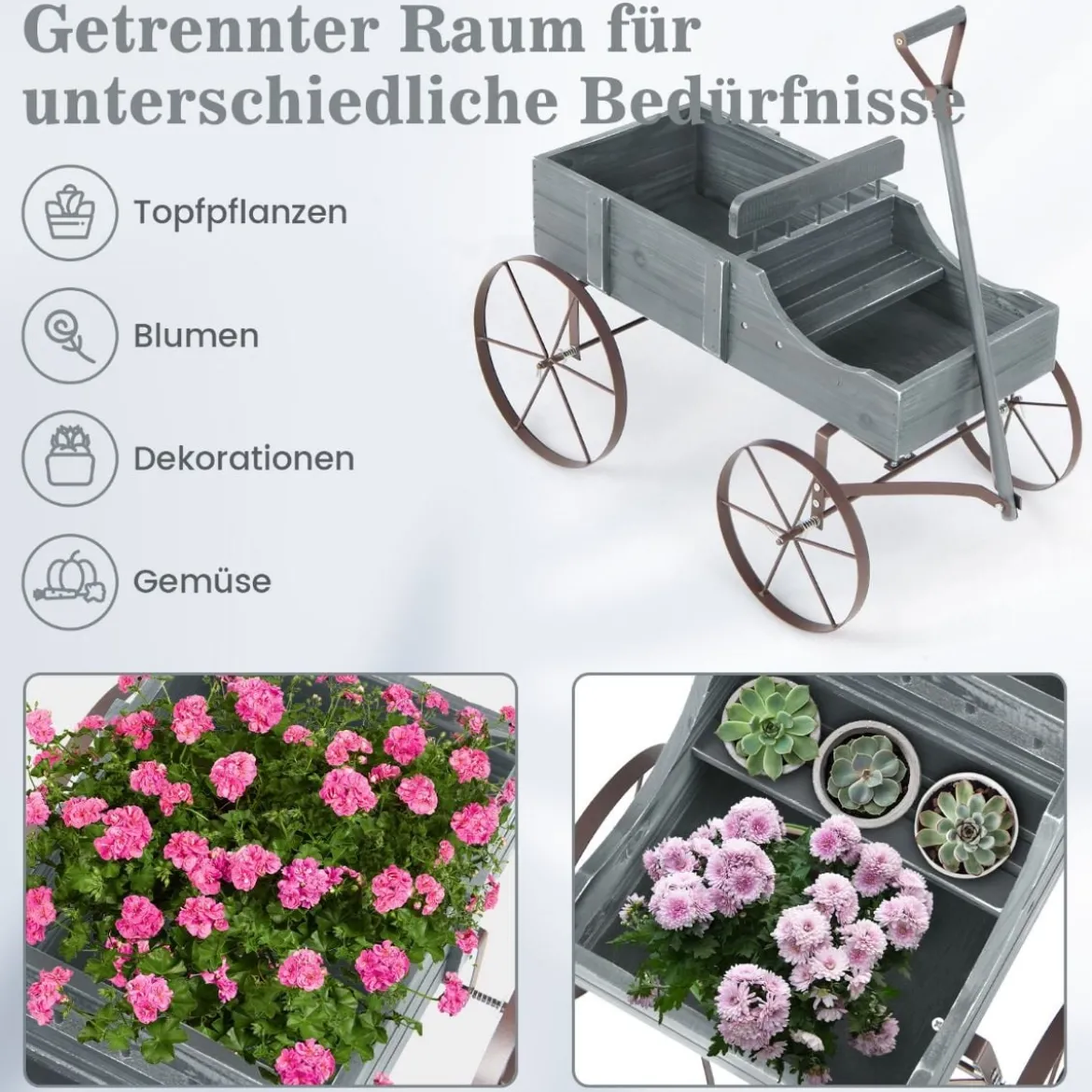 Blumenständer Holzwagen Pflanzwagen Blumenwagen mit Rädern aus Metall 62 x 34 x 60 cm Grau/Rot/Braun/Grün/Blau