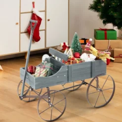 Blumenständer Holzwagen Pflanzwagen Blumenwagen mit Rädern aus Metall 62 x 34 x 60 cm Grau/Rot/Braun/Grün/Blau