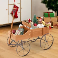 Blumenständer Holzwagen Pflanzwagen Blumenwagen mit Rädern aus Metall 62 x 34 x 60 cm Grau/Rot/Braun/Grün/Blau
