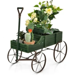 Blumenständer Holzwagen Pflanzwagen Blumenwagen mit Rädern aus Metall 62 x 34 x 60 cm Grau/Rot/Braun/Grün/Blau