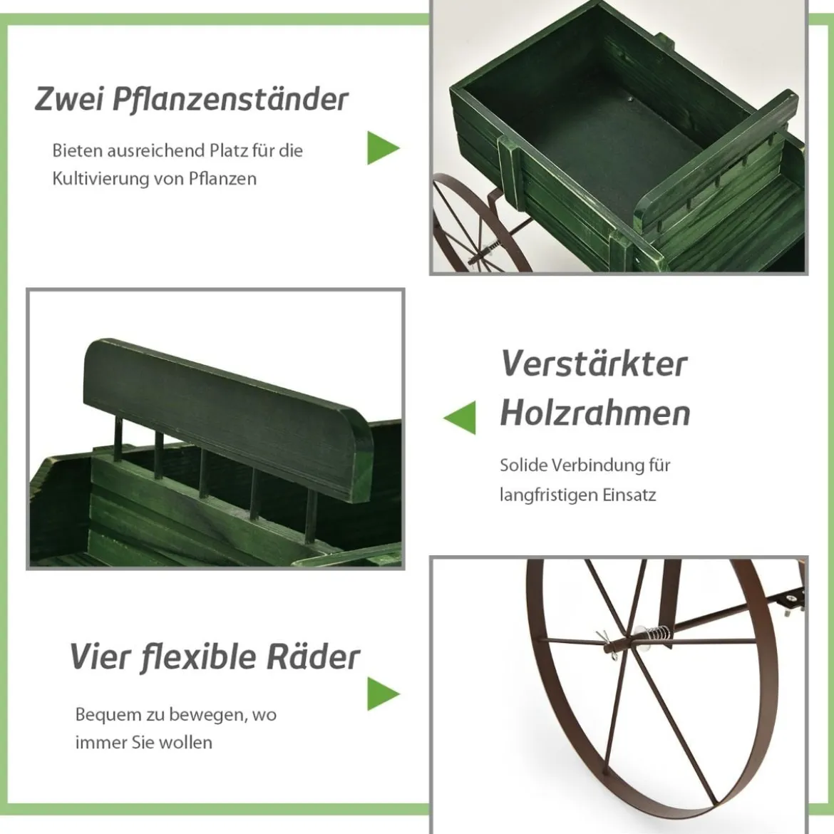Blumenständer Holzwagen Pflanzwagen Blumenwagen mit Rädern aus Metall 62 x 34 x 60 cm Grau/Rot/Braun/Grün/Blau