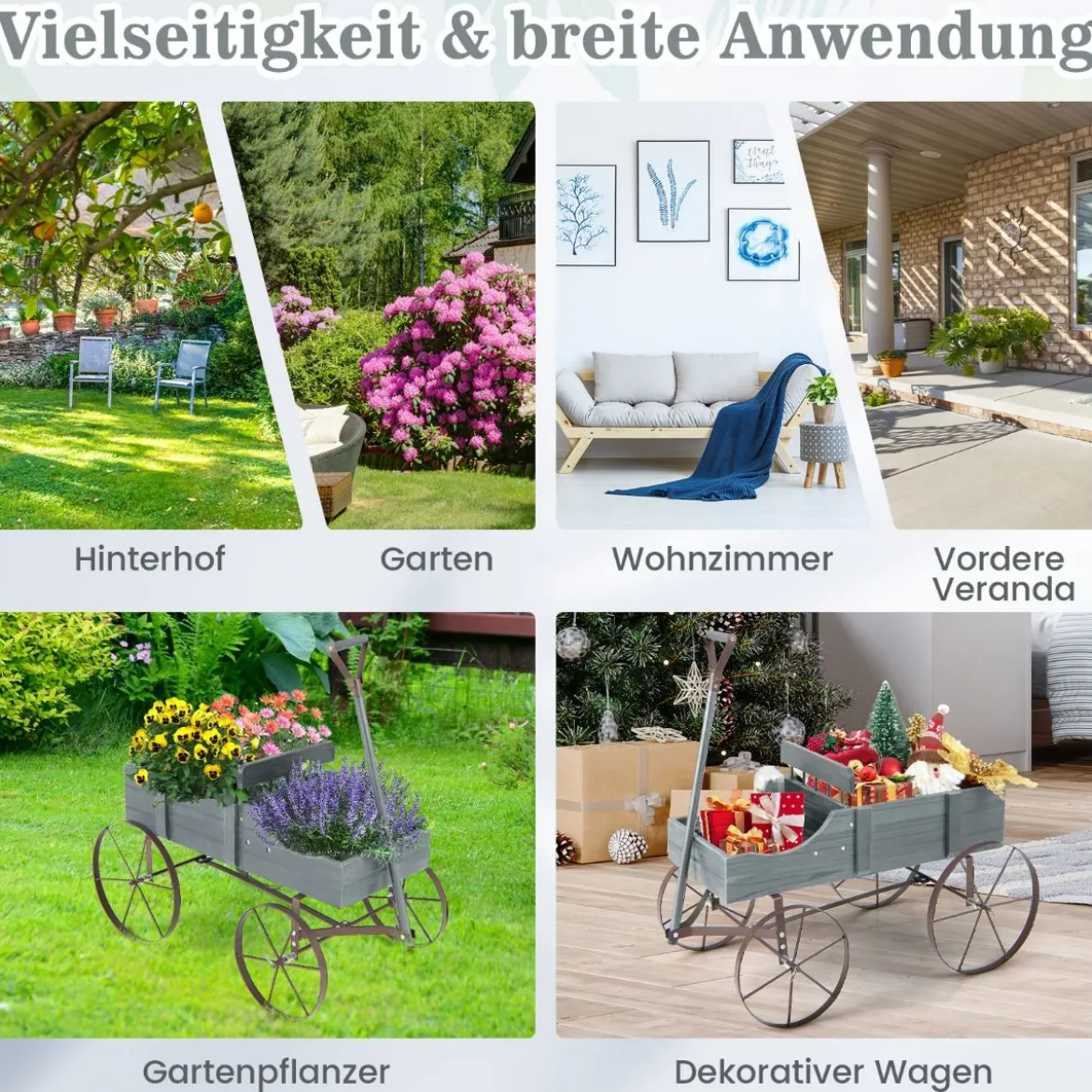 Blumenständer Holzwagen Pflanzwagen Blumenwagen mit Rädern aus Metall 62 x 34 x 60 cm Grau/Rot/Braun/Grün/Blau