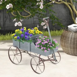 Blumenständer Holzwagen Pflanzwagen Blumenwagen mit Rädern aus Metall 62 x 34 x 60 cm Grau/Rot/Braun/Grün/Blau