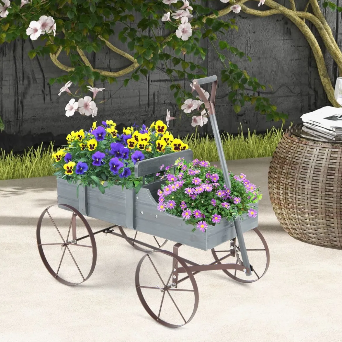 Blumenständer Holzwagen Pflanzwagen Blumenwagen mit Rädern aus Metall 62 x 34 x 60 cm Grau/Rot/Braun/Grün/Blau