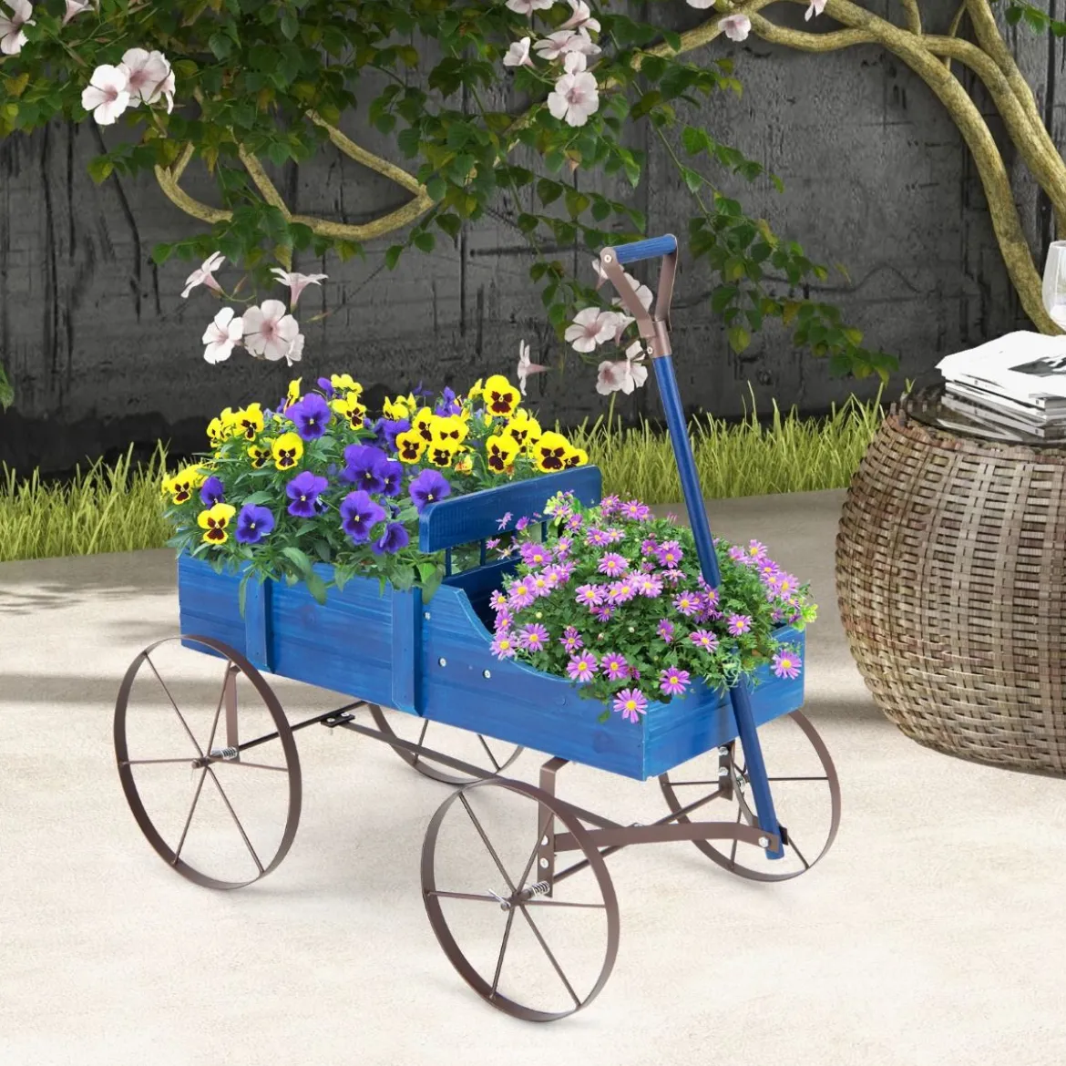 Blumenständer Holzwagen Pflanzwagen Blumenwagen mit Rädern aus Metall 62 x 34 x 60 cm Grau/Rot/Braun/Grün/Blau