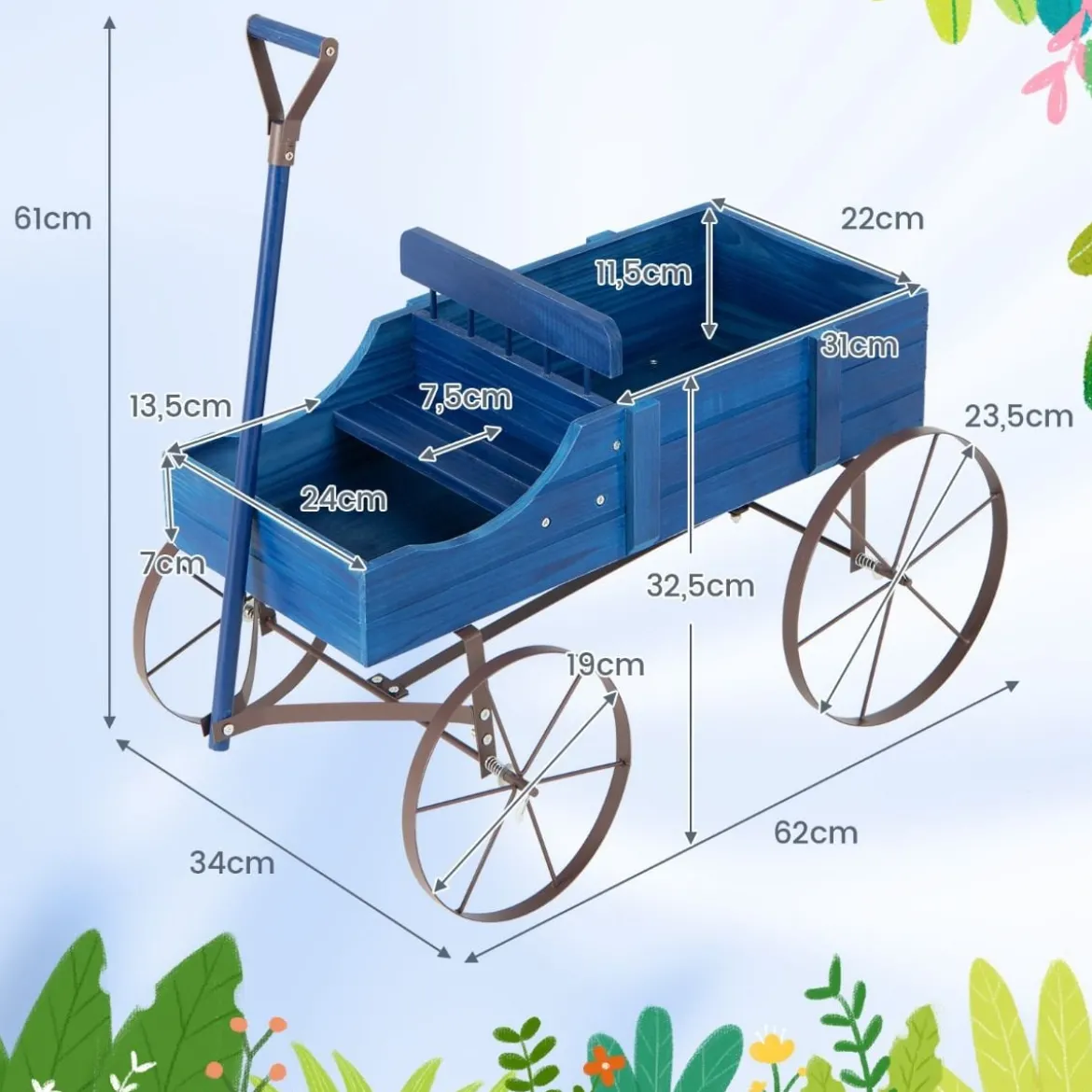 Blumenständer Holzwagen Pflanzwagen Blumenwagen mit Rädern aus Metall 62 x 34 x 60 cm Grau/Rot/Braun/Grün/Blau