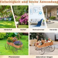 Blumenständer Holzwagen Pflanzwagen Blumenwagen mit Rädern aus Metall 62 x 34 x 60 cm Grau/Rot/Braun/Grün/Blau