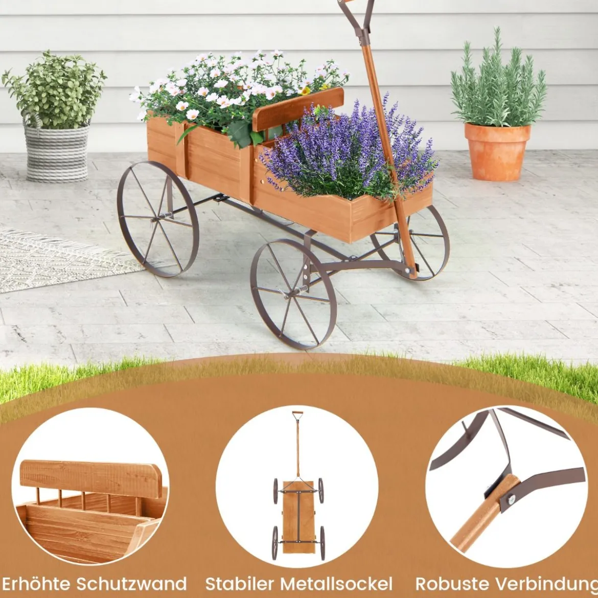 Blumenständer Holzwagen Pflanzwagen Blumenwagen mit Rädern aus Metall 62 x 34 x 60 cm Grau/Rot/Braun/Grün/Blau